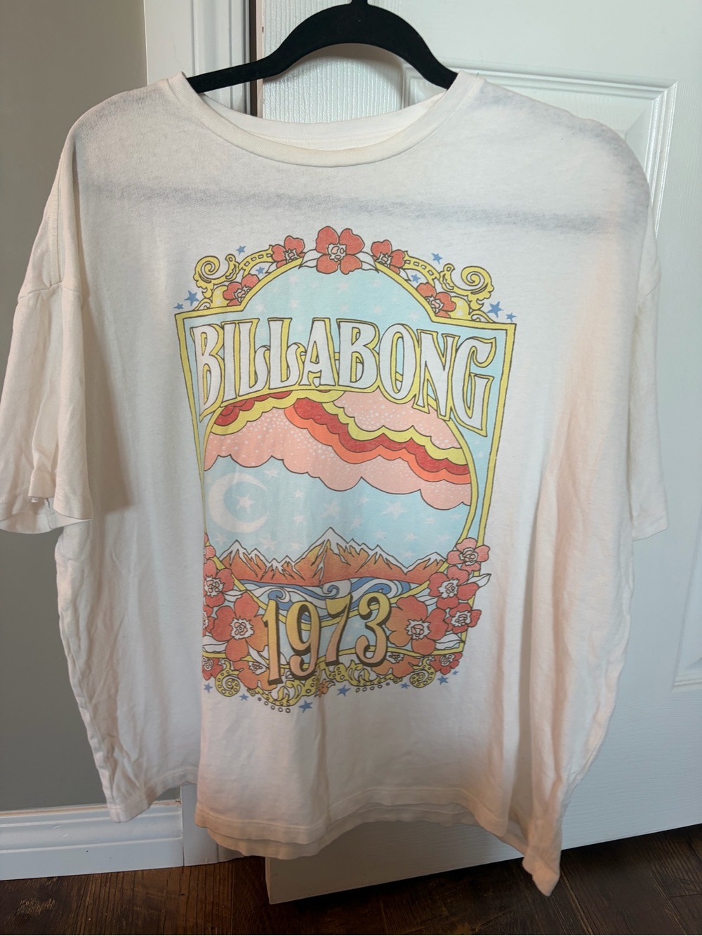 Billabong White Tee with Pastel Sunset and Floral Graphic